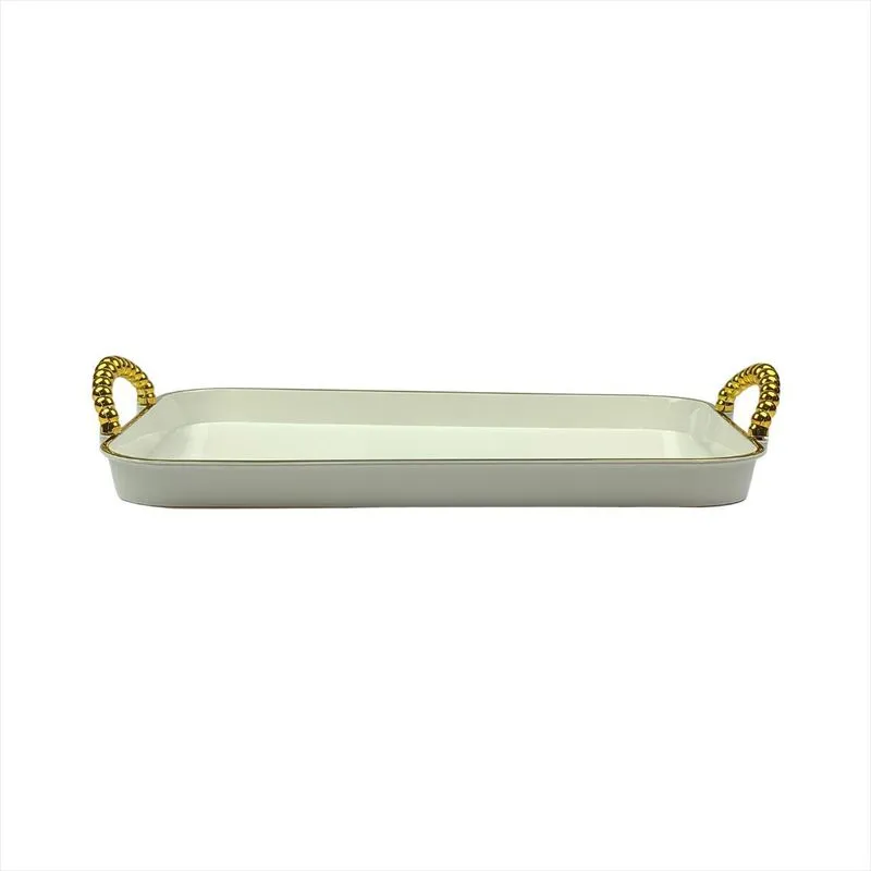 Bandeja Decorativa Branca Alças Dourada Retangular Banheiro