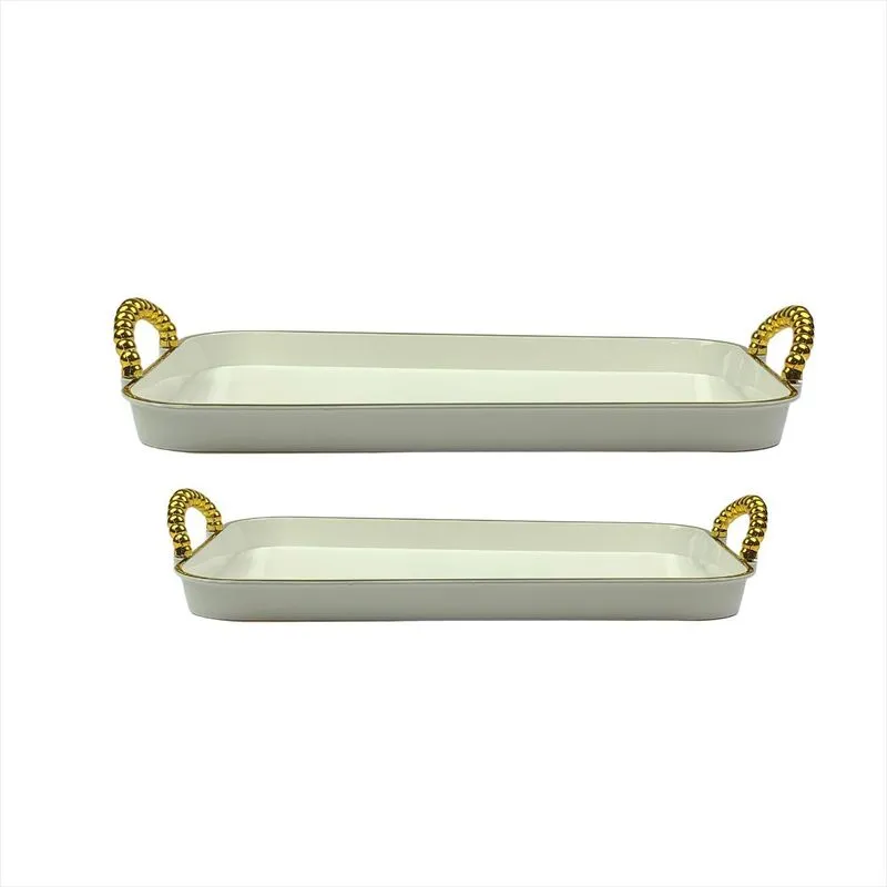 2 Bandejas Decorativa Branca Alças Dourada Retangular Chic