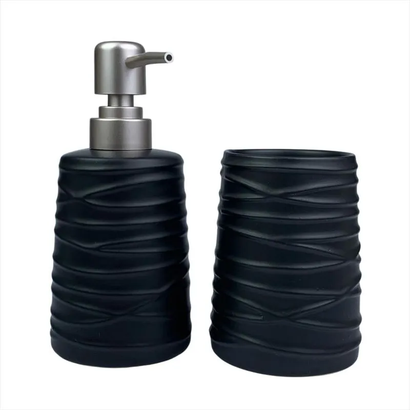 Kit Lavabo Cerâmica Porta Sabonete Escova Dentes Cor Preta