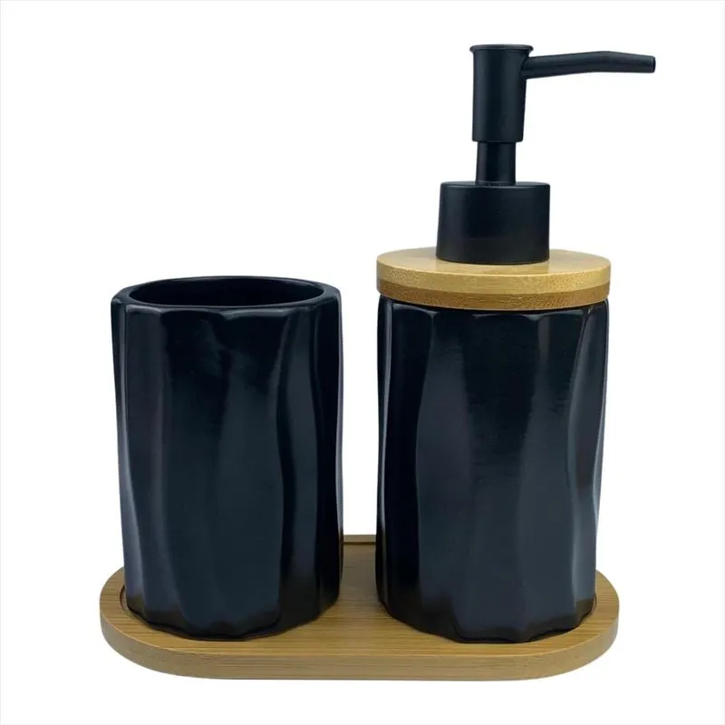 Kit Lavabo Luxo Porcelana Bandeja Alto Relevo 3 Peças Preta