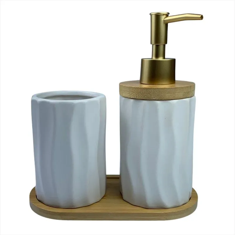Kit Lavabo Luxo Porcelana Bandeja Bambu Alto Relevo 3 Peças