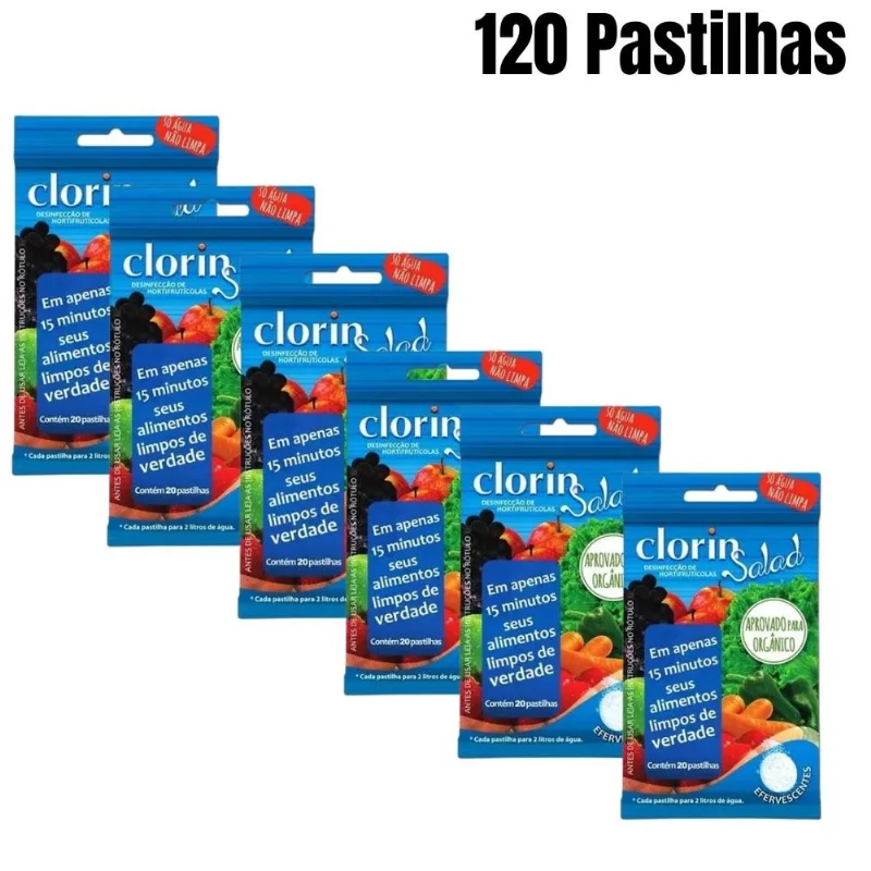 Kit 6 Cartelas Clorin Salad Pastilhas P/ Limpeza De Verduras