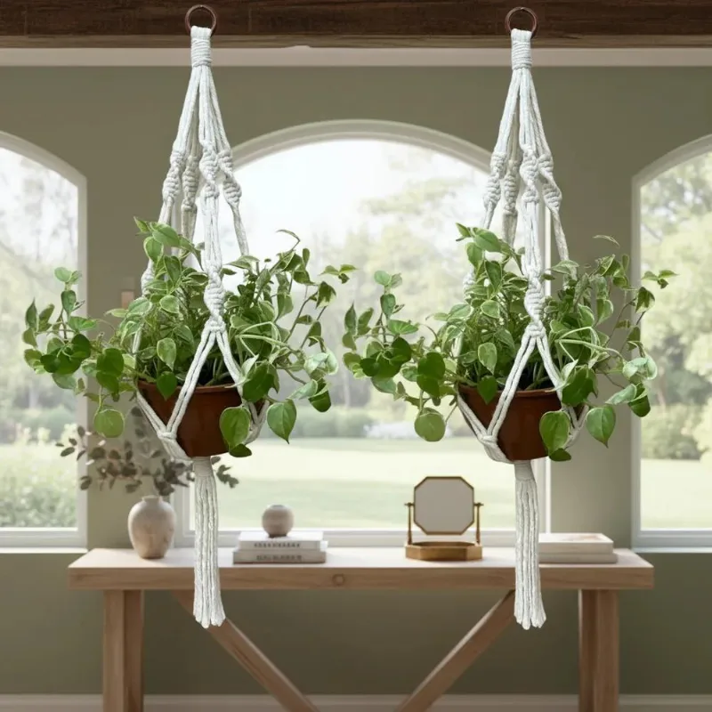 Kit 2 Macramê 90cm: Suspenda Plantas Com Elegância E E - Cru