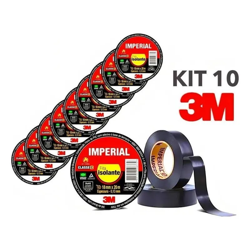 Fita Isolante Imperial 3m 18mm X 20 Metros Preta 10 Unidades