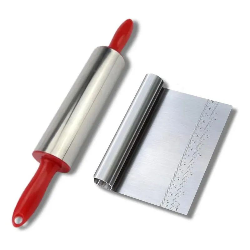 Kit Rolo De Massa Giratório Inox + Espátula Tubular De Inox