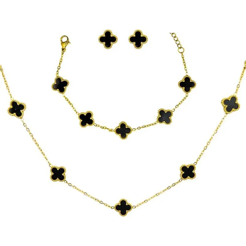 2x Kit Colar Choker Pulseira E Brinco Trevo Preto Aço Inox
