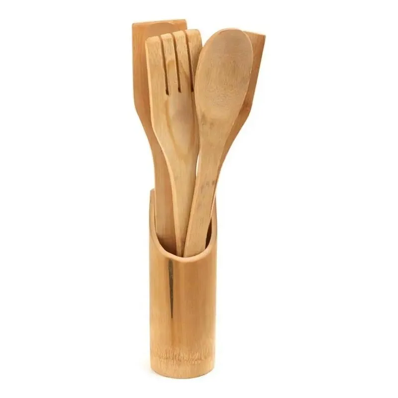 Porta Utensílio Com Colher Garfo Espátula Em Bambu 5 Peças