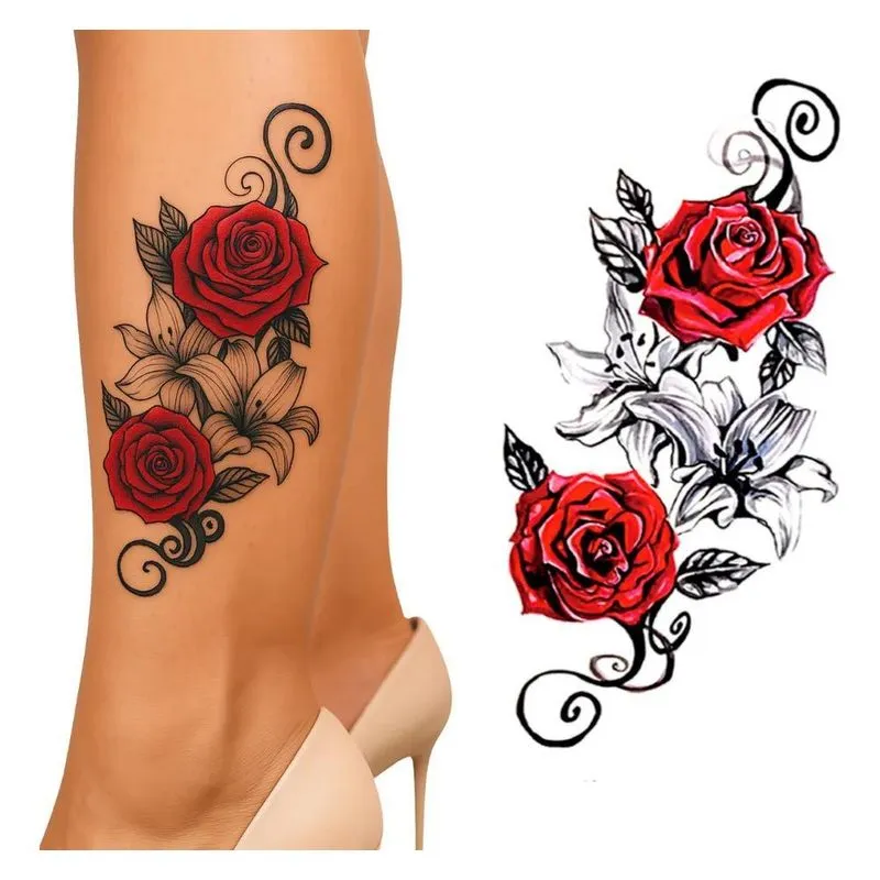 2x Tatuagem Falsa Temporaria Feminina Realista Rosas Vermelh