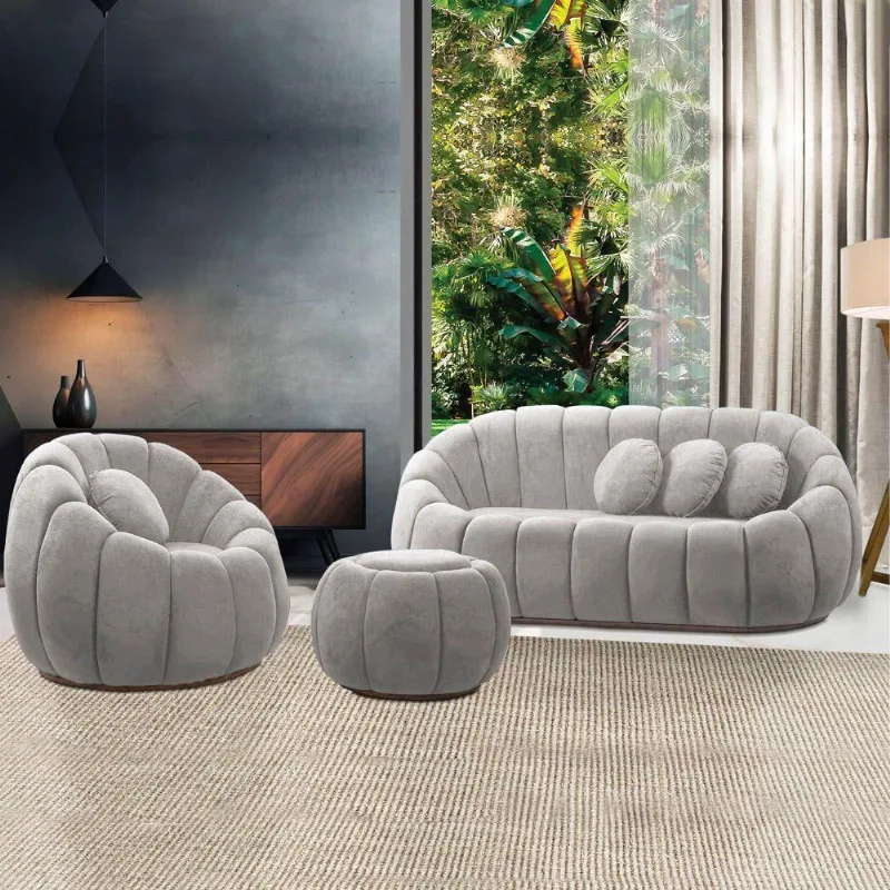 Sofá 2 Lugares Com Puff E Poltrona Giratória Orgânica Cloud Bouclê Cinza Claro E03 - D'rossi