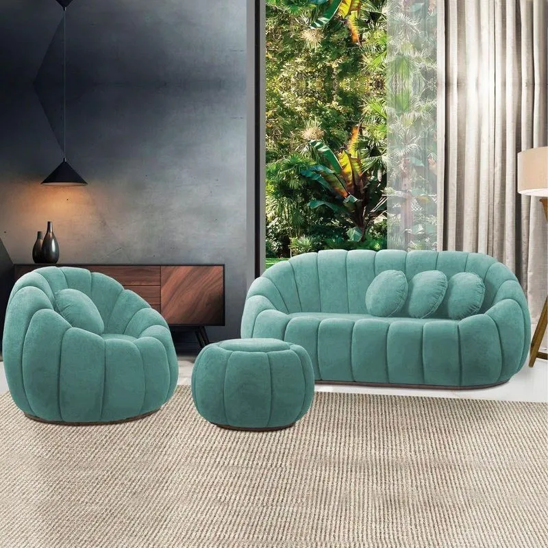 Sofá 2 Lugares Com Puff E Poltrona Giratória Orgânica Cloud Bouclê E03 - D'rossi Cor Azul Turquesa