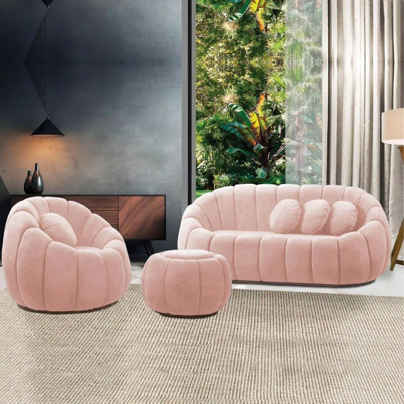 Sofá 2 Lugares Com Puff E Poltrona Giratória Orgânica Cloud Bouclê E03 - D'rossi Cor Rose