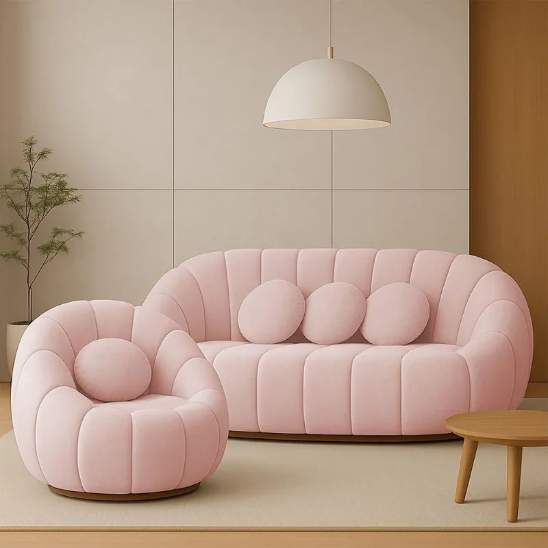 Sofá 2 Lugares Com Poltrona Giratória Orgânica Cloud Bouclê E03 - D'rossi Cor Rose