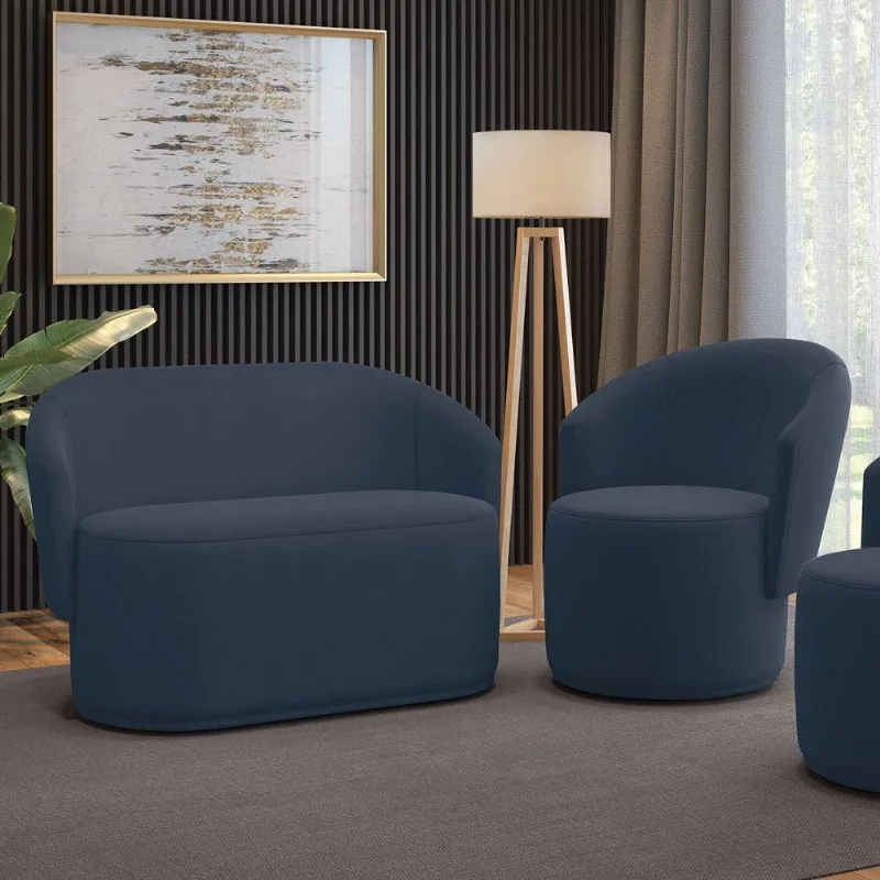 Sofá Namoradeira E Poltrona Orgânica Para Sala Malu Suede Azul Marinho M11 - D'rossi