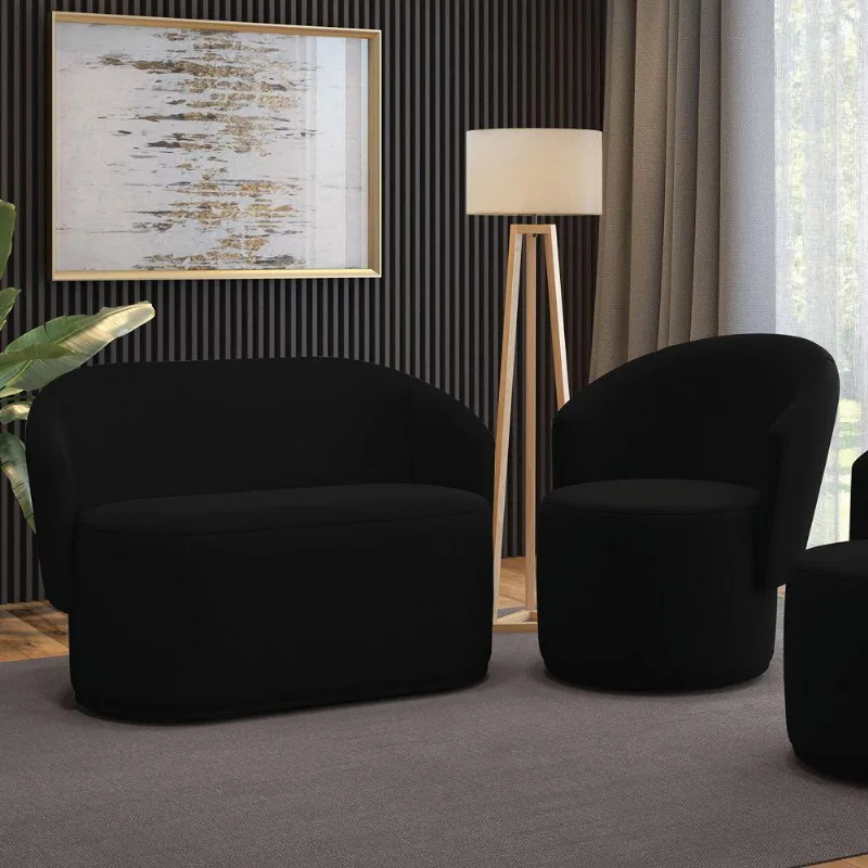 Sofá Namoradeira E Poltrona Orgânica Para Sala Malu Suede Preto M11 - D'rossi