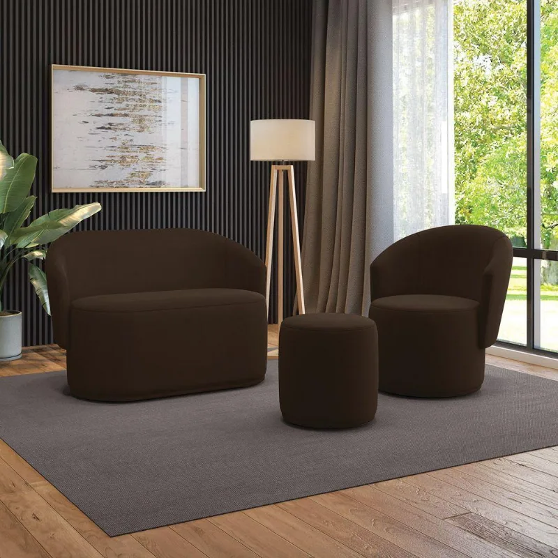 Sofá Namoradeira Com Poltrona E Puff Orgânico Sala Malu Suede Marrom M11 - D'rossi
