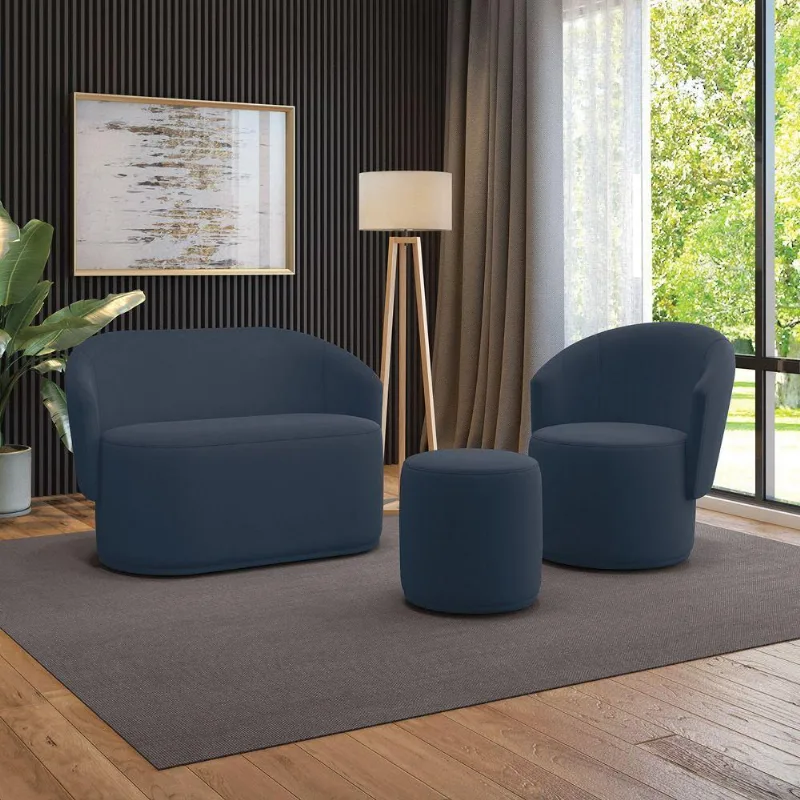 Sofá Namoradeira Com Poltrona E Puff Orgânico Sala Malu Suede M11 - D'rossi Azul Marinho