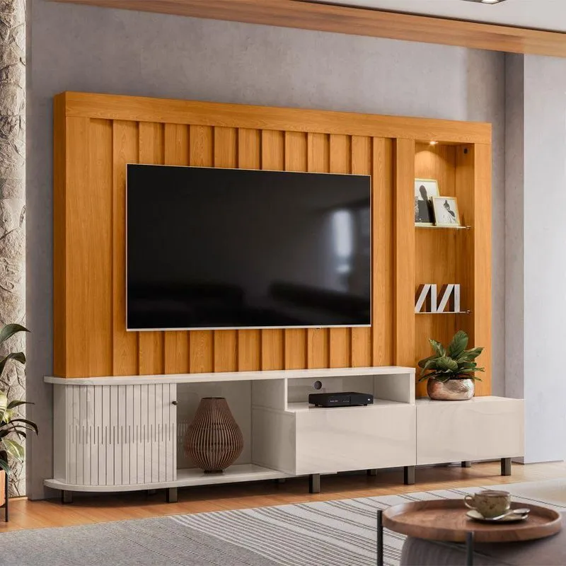 Estante De Tv 70 Pol 243cm Ripado Sala De Estar Nivora Cinamomo-off White M20 - D'rossi