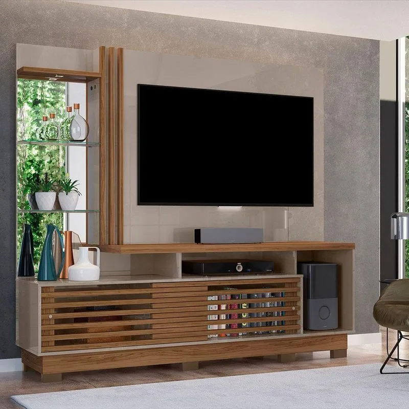 Estante De Tv 60 Pol 200cm Com Pé Sala De Estar Lumari Fendi-naturale M20 - D'rossi
