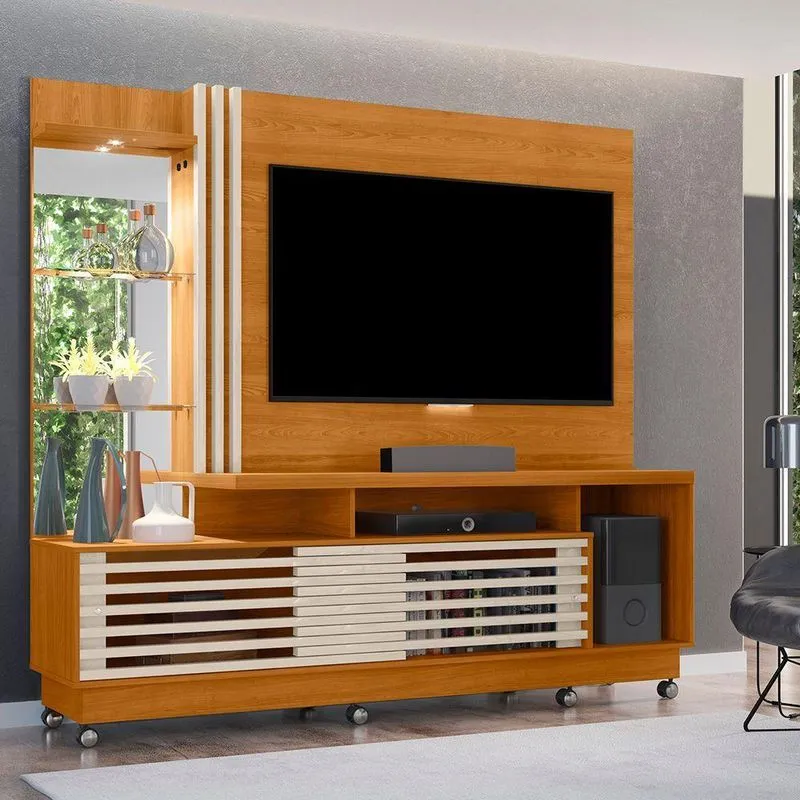 Estante De Tv 60 Pol 200cm Com Rodízio Sala De Estar Lumari Cinamomo-off White M20 - D'rossi