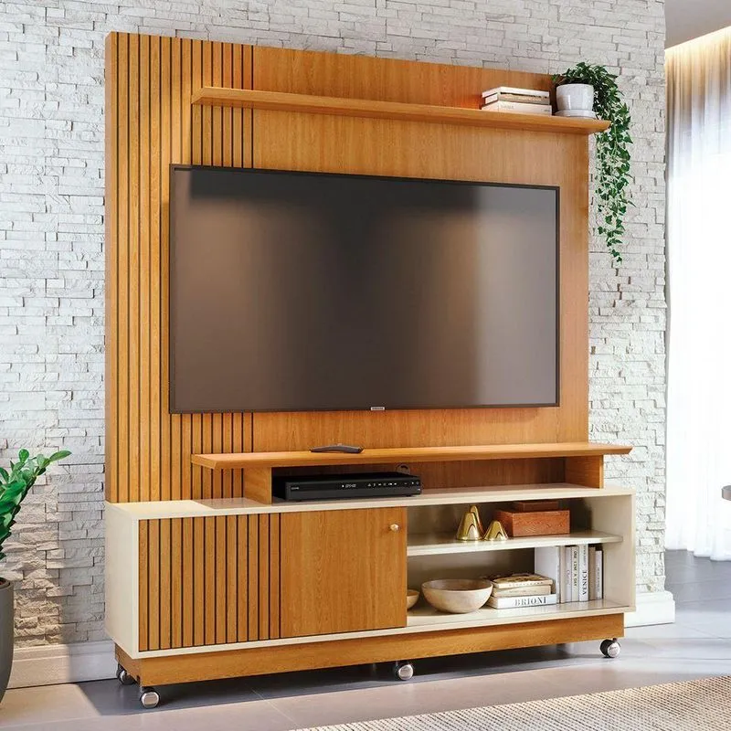 Estante De Tv 65 Pol 160cm Com Rodízio Para Sala Quirel Cinamomo-off White M20 - D'rossi
