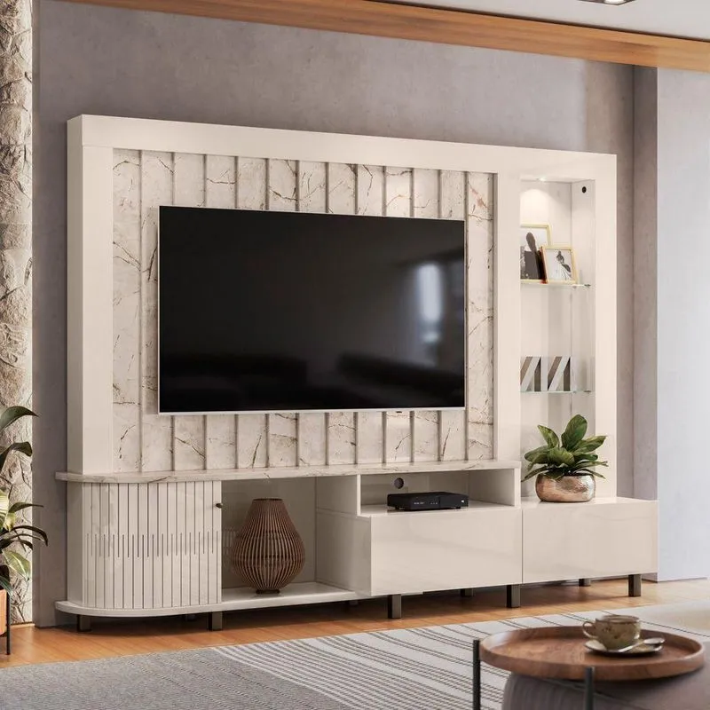 Estante De Tv 70 Pol 243cm Ripado Sala De Estar Nivora M20 - D'rossi Cinamomo E Off White
