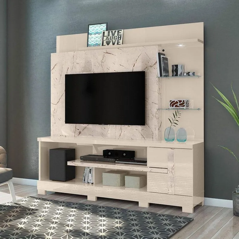 Estante De Tv 55 Pol 182cm Com Pé Para Sala Elaris M20 - D'rossi Calacata E Off White