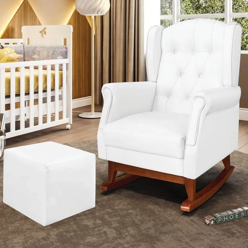 Poltrona De Amamentação Balanço Madeira E Puff Elyra Sintético P02 - D'rossi Branco