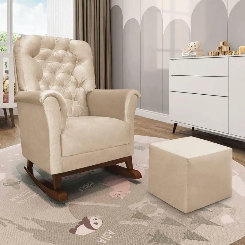 Poltrona De Amamentação Balanço Madeira E Puff Angelin Suede Bege P02 - D'rossi