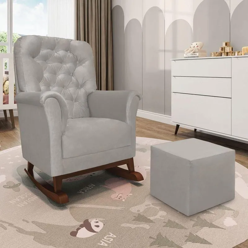 Poltrona De Amamentação Balanço Madeira E Puff Angelin Suede Cinza Claro P02 - D'rossi