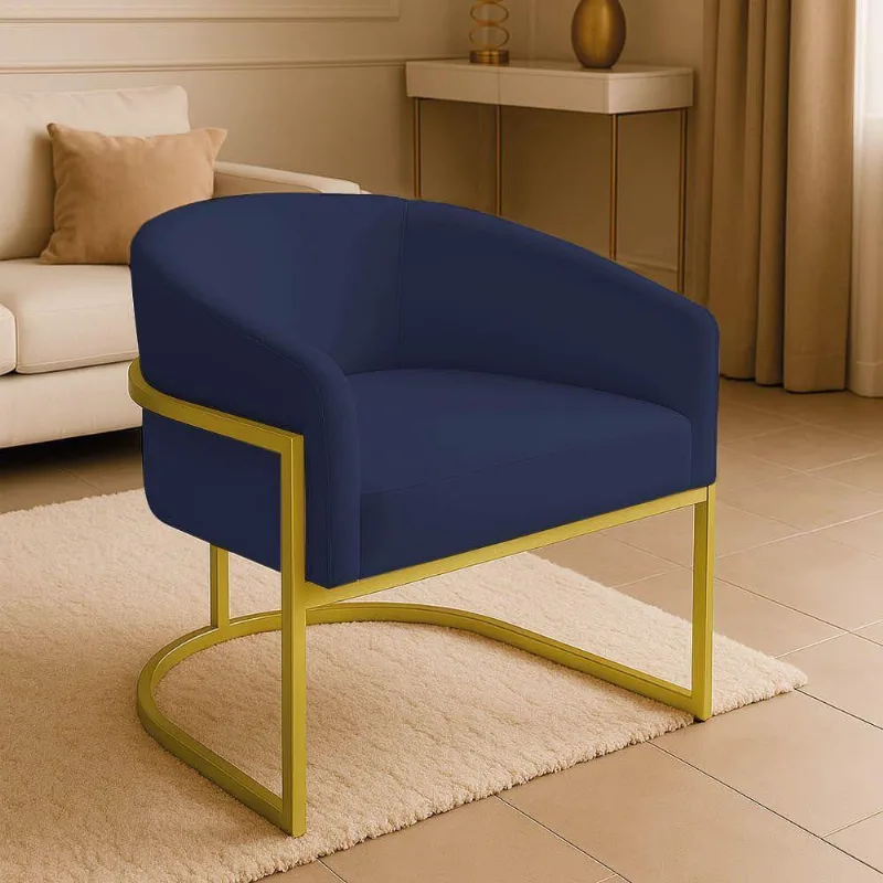 Poltrona Sala Decorativa Industrial Dourada Arielle Suede Azul Marinho