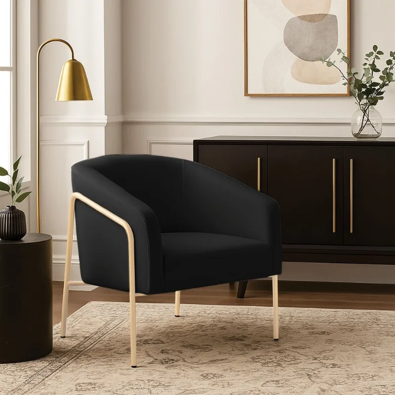 Poltrona Sala Decorativa Stella Base Alta Tubo Champanhe Veludo D03 - D'Rossi Preto