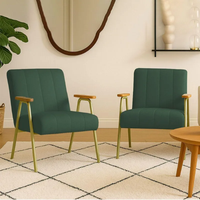 Poltrona Sala Decorativa Industrial Dourado Kit 2 Laurita Linho K01 - D'rossi Cor Verde