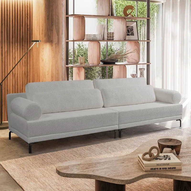 Sofá 3 Lugares Living 254cm Pé Ferro Romeu Bouclê Cinza Claro K01 - D'rossi