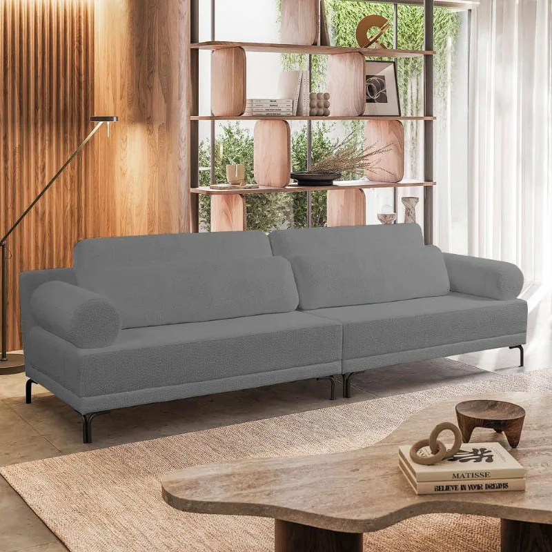 Sofá 3 Lugares Living 254cm Pé Ferro Romeu Bouclê Cinza Escuro K01 - D'rossi