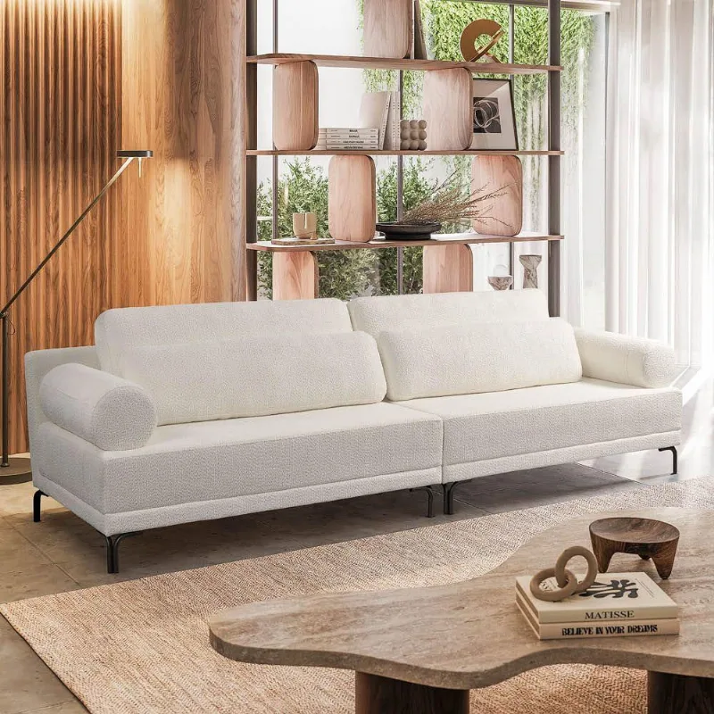 Sofá 3 Lugares Living 254cm Pé Ferro Romeu Bouclê Off White K01 - D'rossi