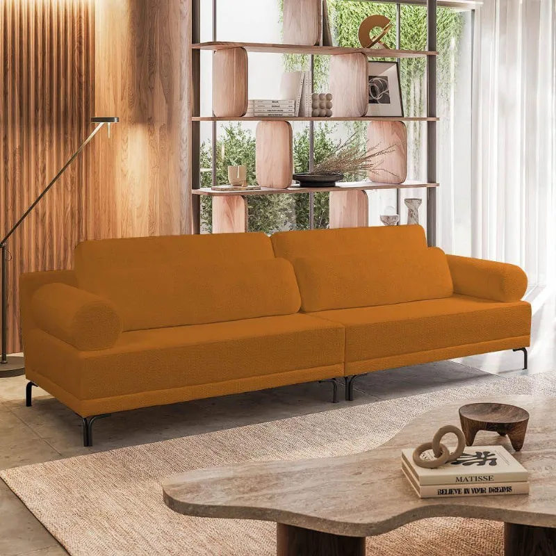 Sofá 3 Lugares Living 254cm Pé Ferro Romeu Bouclê K01 - D'rossi Cor Caramelo