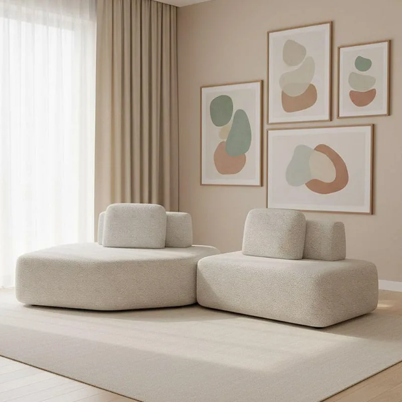 Sofá 2 Lugares Orgânico Com Chaise E 1 Módulo Central Berlim Bouclê Cinza Claro K01 - D'rossi