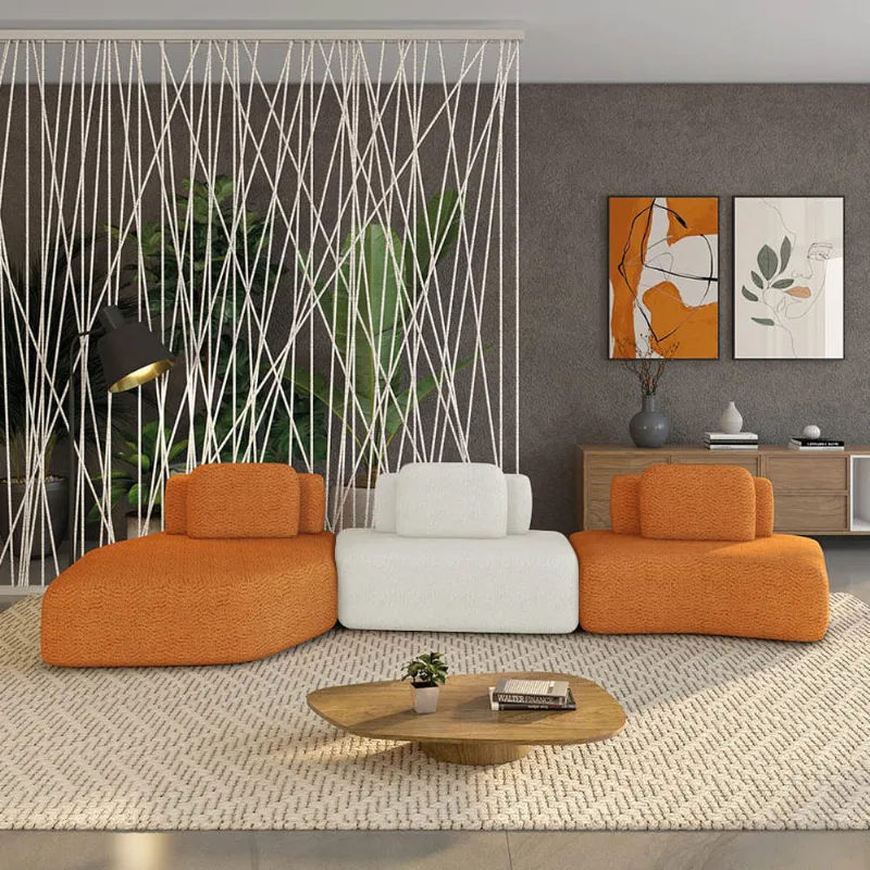 Sofá 3 Lugares Orgânico com Chaise e 2 Módulos Berlim Bouclê Caramelo/Off White K01 - D'Rossi