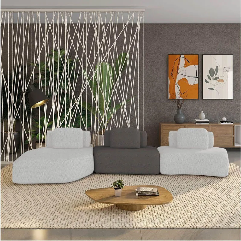 Sofá 3 Lugares Orgânico Com Chaise E 2 Módulos Berlim Bouclê Cz K01 - D'rossi Cinza Claro-grafite