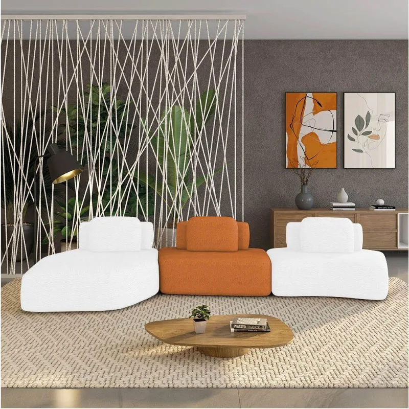 Sofá 3 Lugares Orgânico Com Chaise E 2 Módulos Berlim Bouclê Off White-caramelo K01 - D'rossi