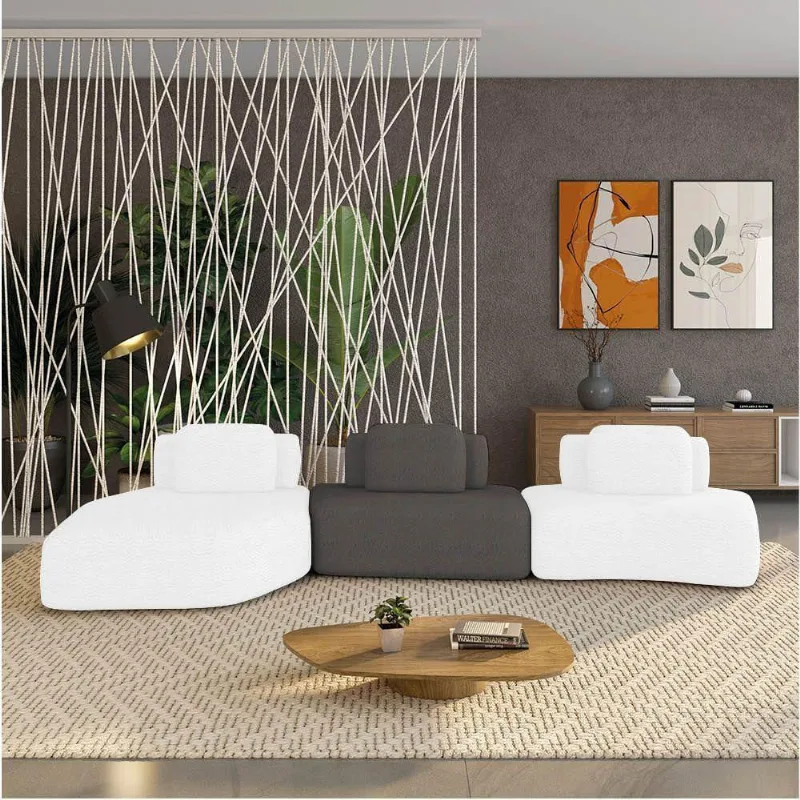 Sofá 3 Lugares Orgânico Com Chaise E 2 Módulos Berlim Bouclê Off K01 - D'rossi Off White-grafite