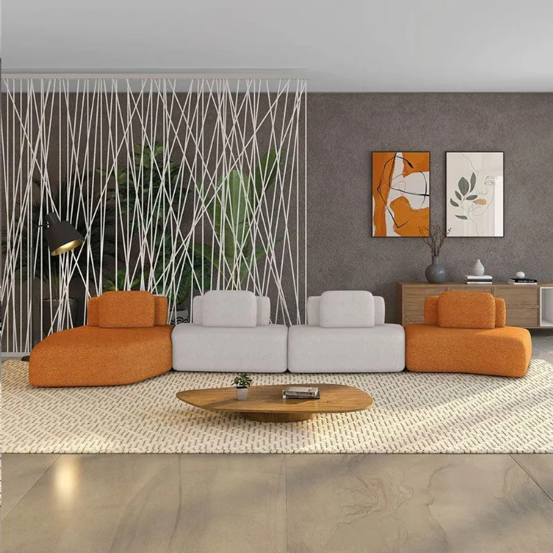 Sofá 4 Lugares Orgânico Com Chaise E 3 Módulos Berlim Bouclê Caramelo-cinza Claro K01 - D'rossi