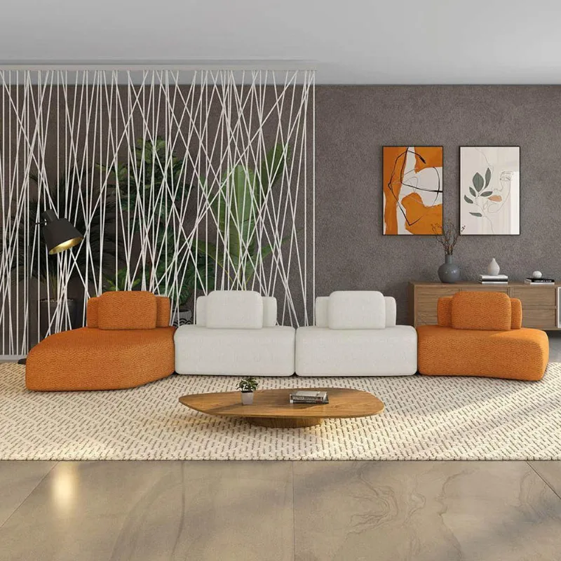 Sofá 4 Lugares Orgânico Com Chaise E 3 Módulos Berlim Bouclê Cr K01 - D'rossi Caramelo-off White