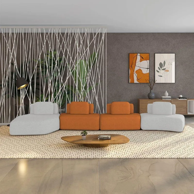 Sofá 4 Lugares Orgânico Com Chaise E 3 Módulos Berlim Bouclê Cz K01 - D'rossi Cinza Claro-caramelo