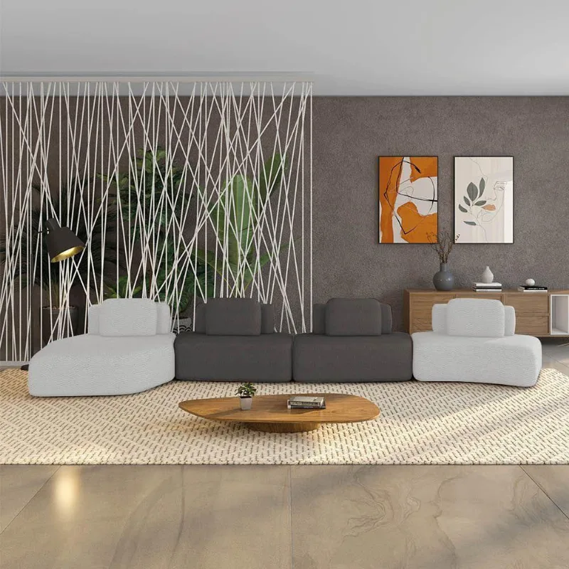 Sofá 4 Lugares Orgânico Com Chaise E 3 Módulos Berlim Bouclê Cz K01 - D'rossi Cinza Claro-grafite