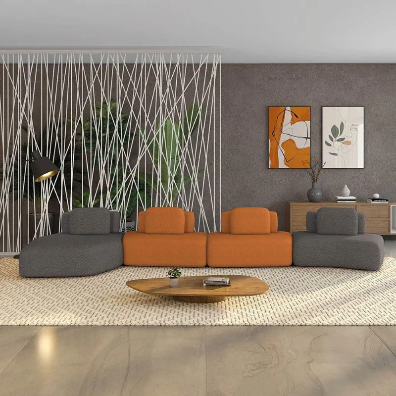 Sofá 4 Lugares Orgânico Com Chaise E 3 Módulos Berlim Bouclê Grafite-caramelo K01 - D'rossi