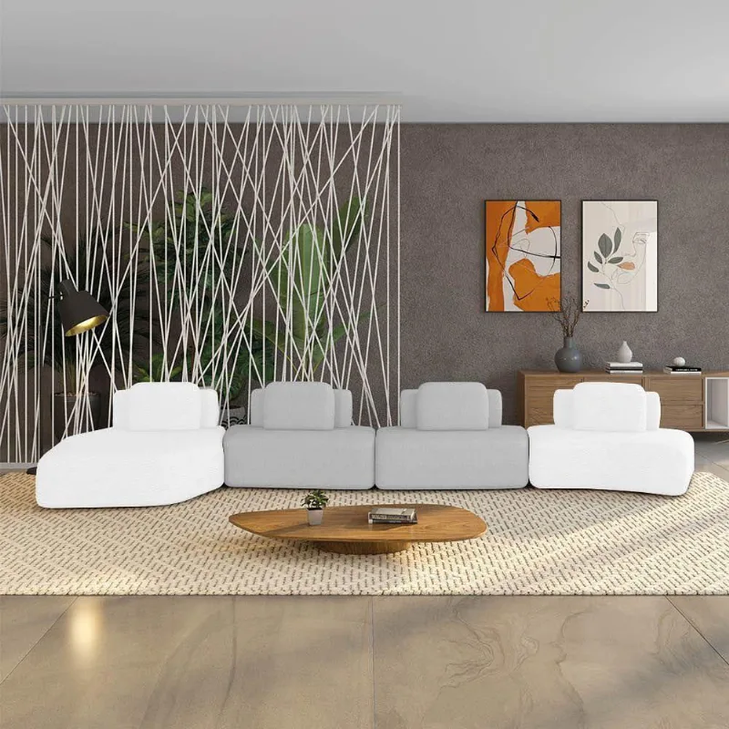 Sofá 4 Lugares Orgânico Com Chaise E 3 Módulos Berlim Bouclê Off K01 - D'rossi Off White-cinza Claro