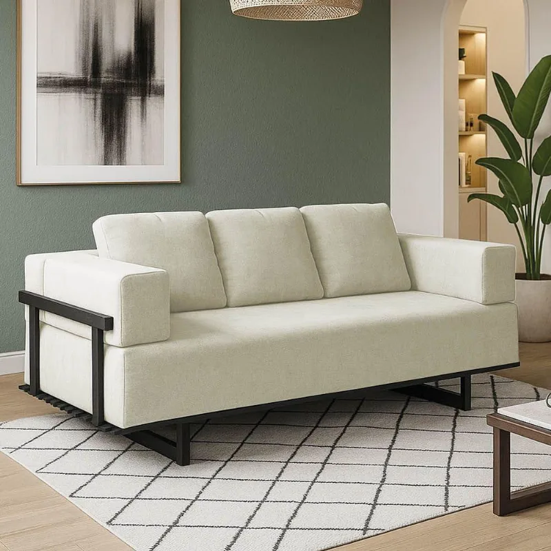 Sofá Cama 2 Lugares Living 200cm Base Industrial Sala Cherie Linho Bege K01 - D'rossi