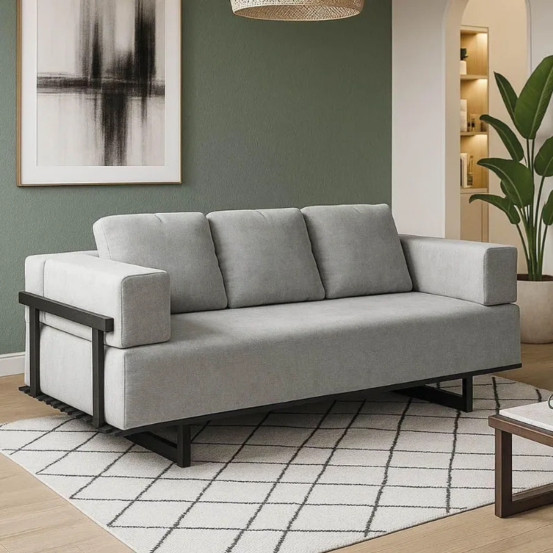 Sofá Cama 2 Lugares Living 200cm Base Industrial Sala Cherie Linho Cinza K01 - D'rossi