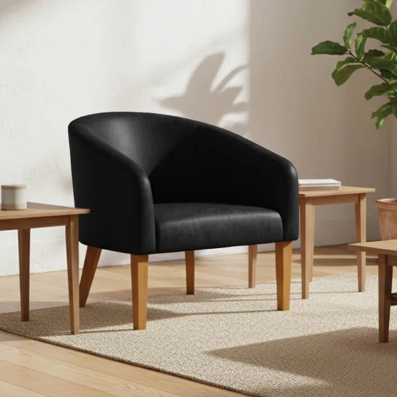Poltrona Sala Decorativa Stella Pé Madeira Trapézio Castanho Sintético PU Preto D03 - D'Rossi